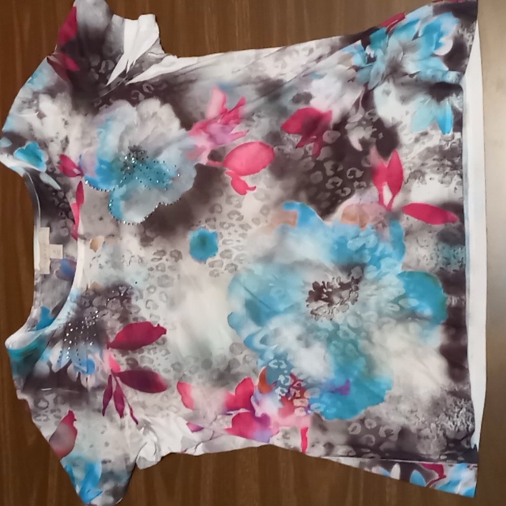 Laura Ashley Flowered Print 100% Polyester Tee Shirt 1X